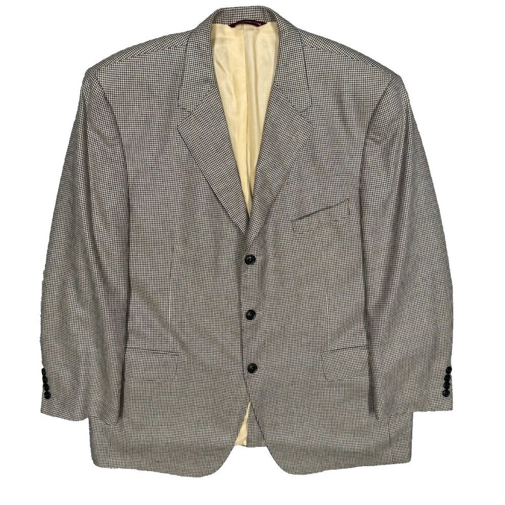 Vintage Samuelsohn Blazer Houndstooth Silk Wool Sport Coat Beige 46R